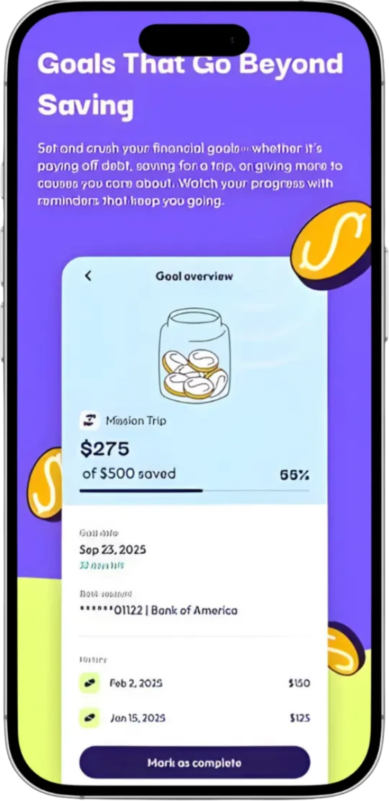 Purpose Planner goal overview screen tracking savings progress