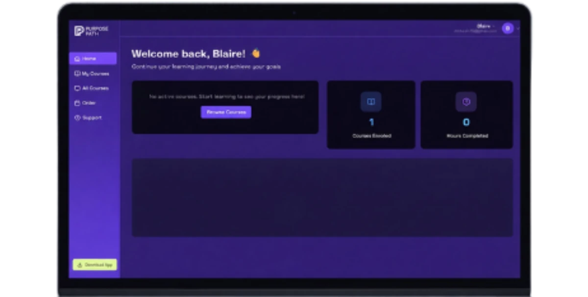 Purpose Playbook course dashboard shown on a laptop